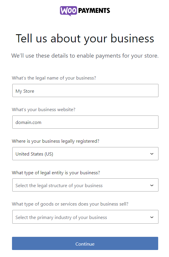 WooPayments signup form to enter store information