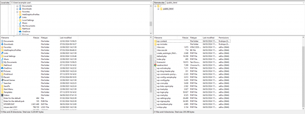 FileZilla's left and right panel