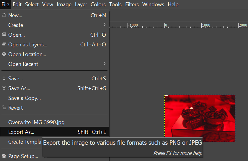 GIMP's Export As option under the File menu