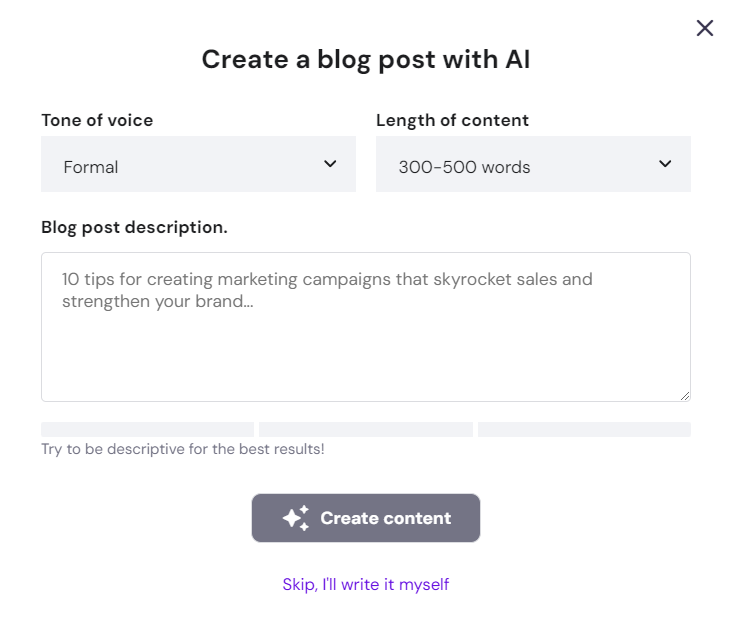 Creating a new blog post using AI in Hostinger's site builder
