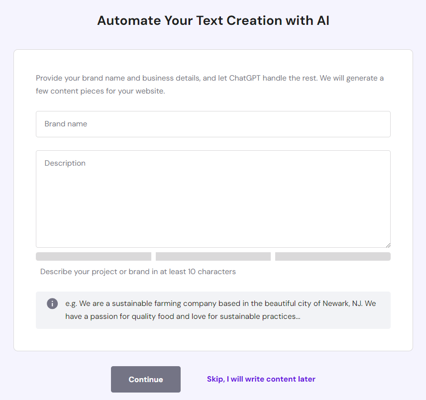 Content creation using AI in Hostinger's WordPress onboarding flow
