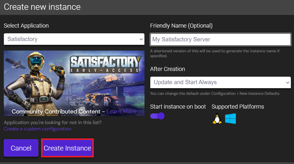 Creating a new Satisfactory instance on the Game Panel