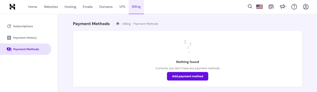 Billing page in hPanel, showing the payment method section
