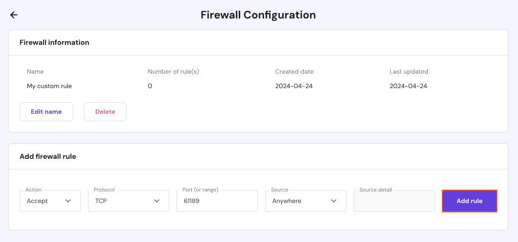 Adding a new firewall rule on hPanel