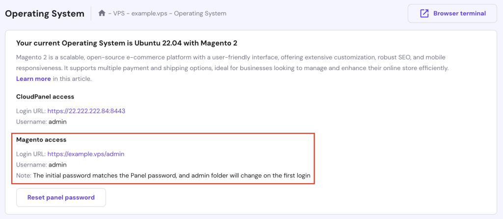 Magento access information on Hostinger's hPanel