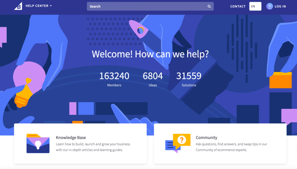 BigCommerce help center with a colorful, blue and purple background