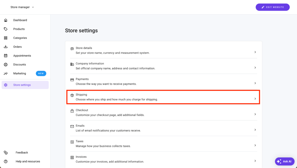 Shipping section highlighted in the store settings
