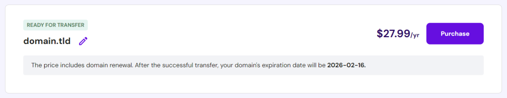 A domain ready to be transferred to Hostinger, highlighting the total transfer and renewal cost