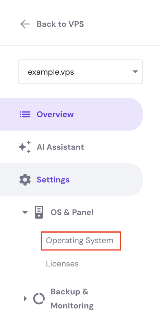 Accessing the Operating System menu on hPanel