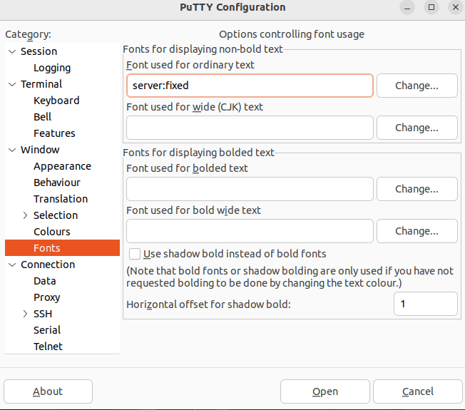 Fonts section of Putty window with server:fixed as font