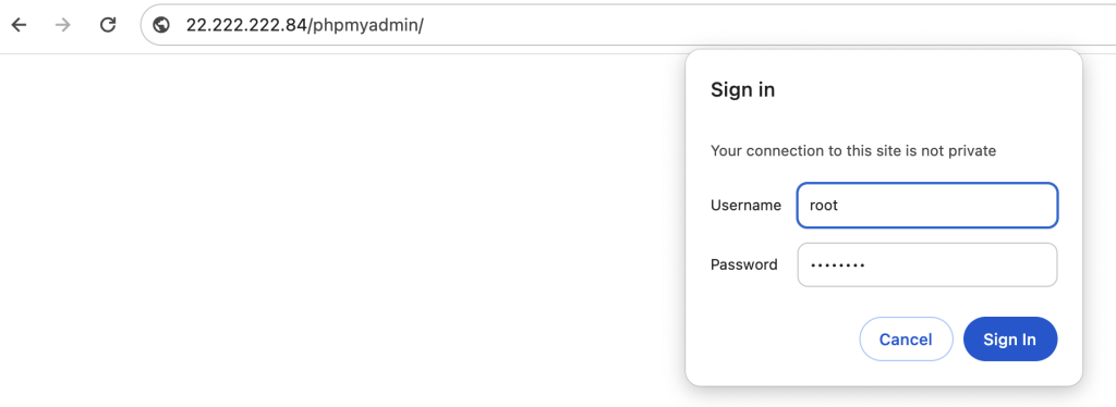 the phpMyAdmin login page with additional authentication