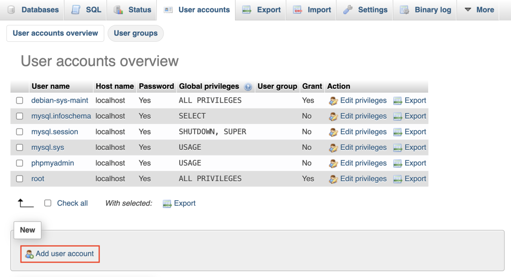 Accessing the Add user account option on phpMyAdmin