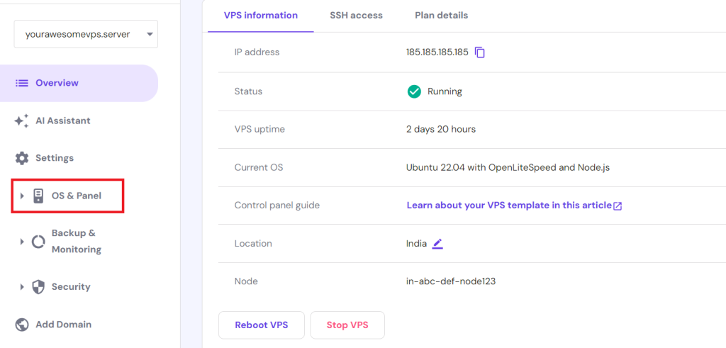 The VPS operating system configuration menu in hPanel