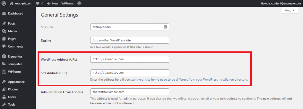 Checking WordPress Address and Site Address on the admin dashboard